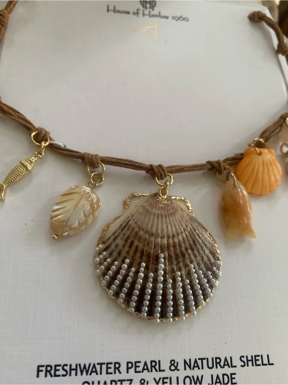 House of Harlow 1960 Brown Cord Shell & Pearl Charm Necklace with Gold Accents